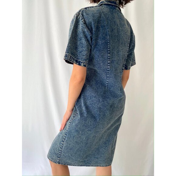 80s vintage blue denim acid wash embellished floral print retro midi jean dress - Picture 5 of 9